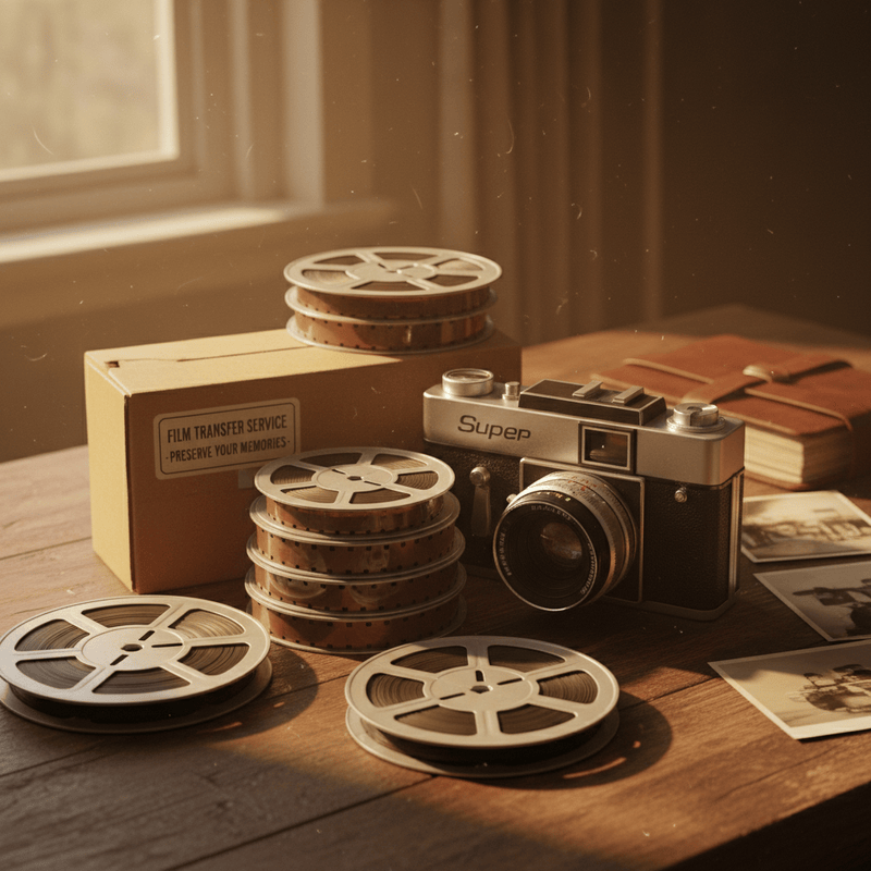 Vintage 8mm film reels and Super 8 camera ready for digital transfer