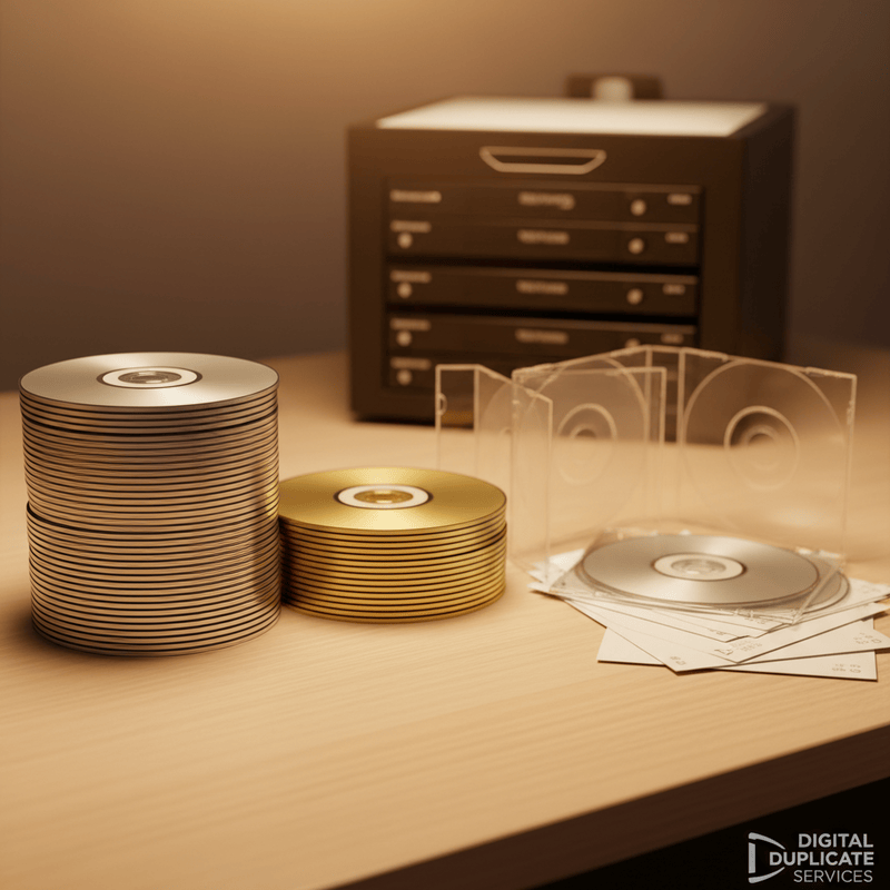 Stacks of CDs and DVDs with jewel cases for professional duplication