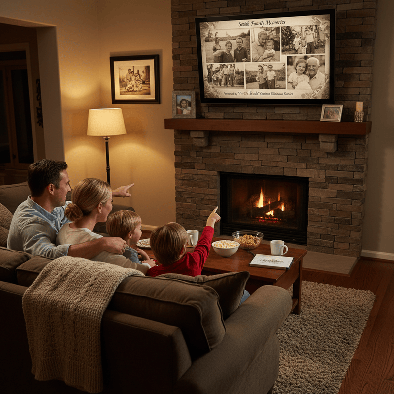 Family watching a custom DVD slideshow of old photographs on television