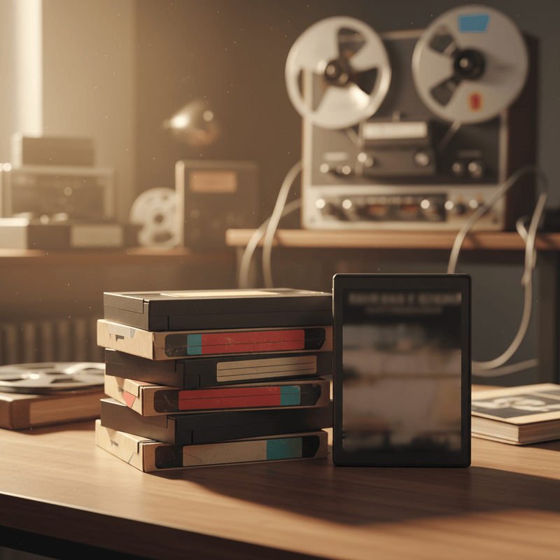 Stack of VHS tapes with conversion equipment in a professional studio