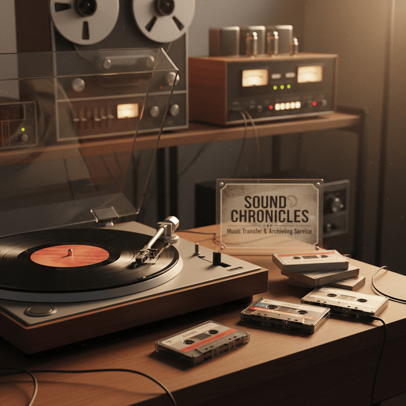 Vinyl record on turntable with audio cassette tapes for digital transfer
