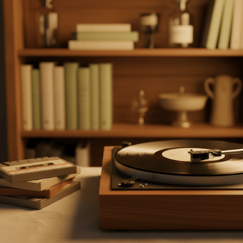 Vinyl record on turntable with cassette tapes